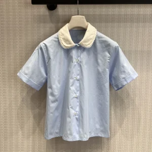 Blue Cotton Short Sleeve Shirt with Letter Embroidery And Doll Collar Style Preppy Women's Fashion Age Reduction Spring 2026 - AliExpress Shirts & Blouses