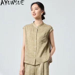 AYUNSUE Silk and Linen Blend Women's Blouses and Shirts Loose Stand Collar Tops for Woman Solid Commuting Top Woman Clothes 블라우스 - AliExpress Shirts & Blouses