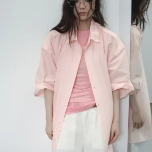 VERMO Watercolor Pink Loose Fit Shirt  Cotton Roll Sleeve Shapeable Collar Original Design Thin Summer Women's Shirt - AliExpress Shirts & Blouses