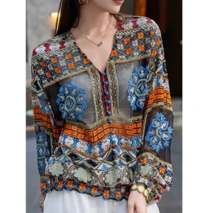 Spring New Exclusive design V-neck Exquisite Positioning Embroidered Silk Fabric Long Sleeve Retro Women's Shirt S-XL - AliExpress Shirts & Blouses