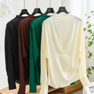 Silk Satin Long Sleeve Shirt Women's Waist-Cinching Stand Collar Top Commute Style Elegant Straight Cut Button Detail - AliExpress Shirts & Blouses