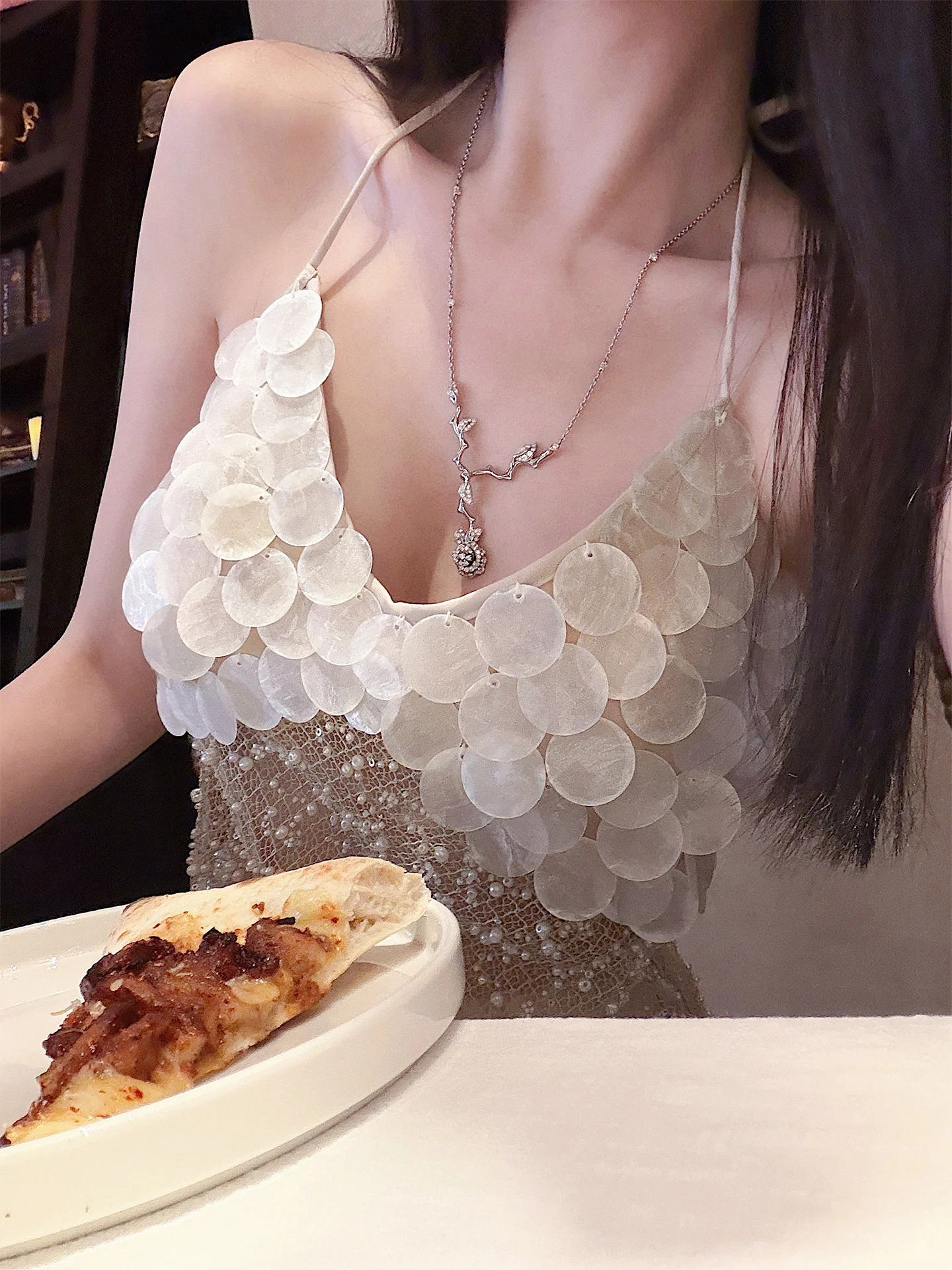 Elegant Pearl Pendant Necktie Holiday Style Top Women's Short Length V-Neckline Sleeveless Polka Dot Polyester Blouse - AliExpress Shirts & Blouses