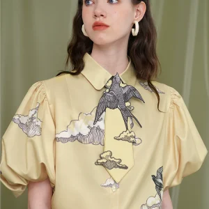 Spring Summer Original Design Women Vintage Swallow Flying Clouds Print Puff Sleeves Shirts/Blouses - AliExpress Shirts & Blouses