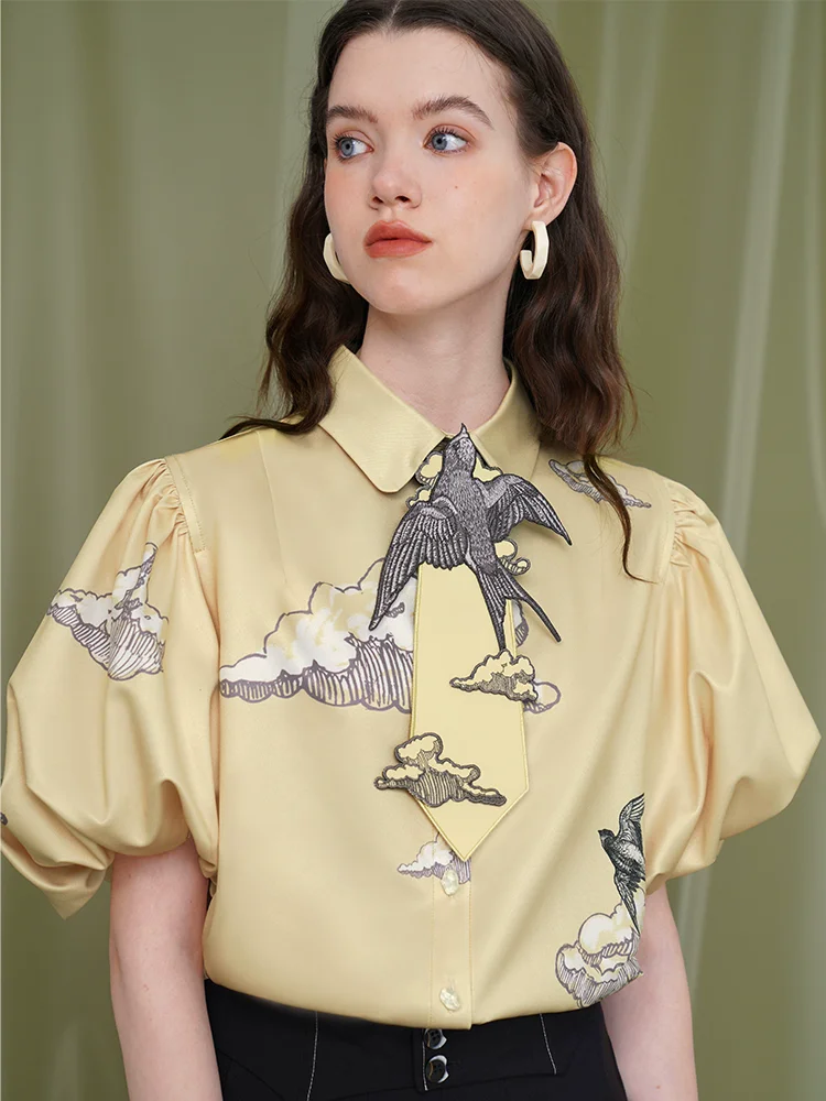 Spring Summer Original Design Women Vintage Swallow Flying Clouds Print Puff Sleeves Shirts/Blouses - AliExpress Shirts & Blouses