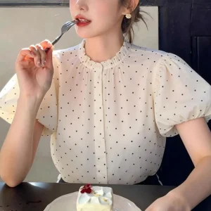 French temperament white polka dot bubble sleeve shirt women's 2026 summer new small short-sleeved unique beautiful top - AliExpress Shirts & Blouses