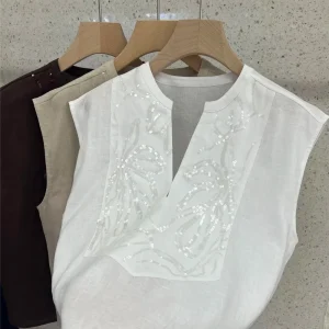 Summer Sequin Embroidery Shirt Ves For Women's V-Neck Breathable Sleeveless Top - AliExpress Shirts & Blouses