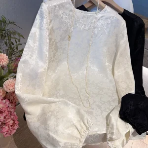 Elegant Long Sleeve Silk Shirt Embroidered Floral Motif Loose Fit Chinese Style Women's Premium Quality Fashion Top - AliExpress Shirts & Blouses