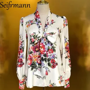 Seifrmann 2026 Spring Women's New Fashionable V-neck Long Sleeve Single Button Silk Printed Loose Shirt - AliExpress Shirts & Blouses