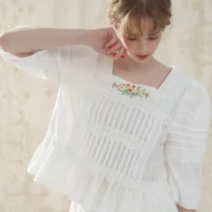 104cm Bust Spring Fall White Shirts Tops Women Elegant Hand-Embroidered Organ Pleat Tops 100%Cotton Fresh Mori Style Blouses - AliExpress Shirts & Blouses