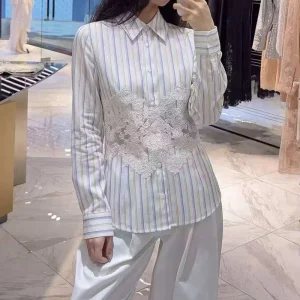 Lace openwork patchwork striped blouse for women. Collarless long-sleeved single-button design-fit shirt. 2026 new style. - AliExpress Shirts & Blouses