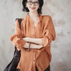 ZhaodaXi Orange Soda Linen Shirt Breathable Refreshing Lazy Style Long Sleeve Commute Fashion Women's Shirt Design - AliExpress Shirts & Blouses