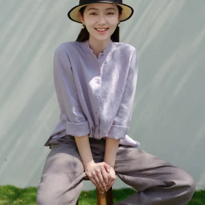 Original Spring New Han Hanlin Casual Versatile Shirt Breathable Stand Collar Open Front Women's Long Sleeve Pure Color Top - AliExpress Shirts & Blouses