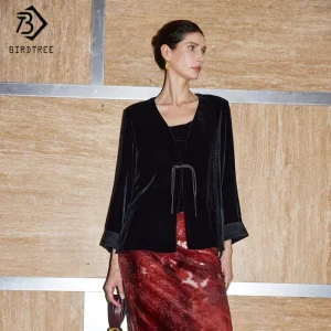 Birdtree,Base Fabric 100% Silk Velvet Blouse,Women's V-neck Full Sleeve Coat,Elegant Black Shirt,2025 New T5D833JF - AliExpress Shirts & Blouses