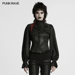 PUNK RAVE Women's Gothic Patterned Stand Up Collar Shirt Bubble Sleeve Design Adjustment Strap Tighten Waist Women Tops - AliExpress Shirts & Blouses