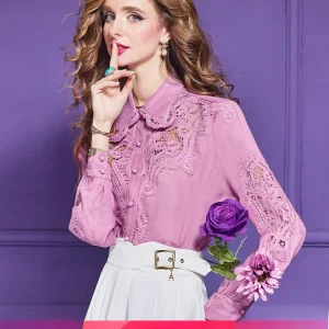 Elegant Pink Embroidered Hollow out Long Sleeve Women's Shirt Fashionable Design Business Casual Straight Cut  Neck - AliExpress Shirts & Blouses