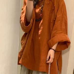 New Chinese Style Women's Long Sleeve Cotton Linen Shirt Yellow Button up Top Summer Casual Wear Straight Cut round Neck - AliExpress Shirts & Blouses