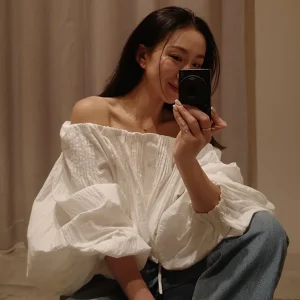 Spring Summer Holiday Style Lantern Sleeve Pleated One Shoulder Women's Shirt Casual Loose Fit Long Sleeve Short Length - AliExpress Shirts & Blouses