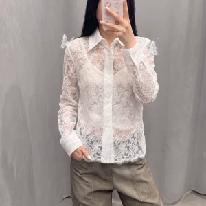 Women Hollow Out Floral Embroidery Blouse Long Sleeve Cropped Shirt Elegant White Sheer Lace Top - AliExpress Shirts & Blouses
