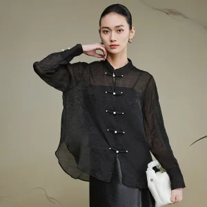 Annibycn Silk Shirt Women's Summer Slim Fit Pearl Button Transparent Chinese Style Commute Wind Long Sleeve Regular Length - AliExpress Shirts & Blouses