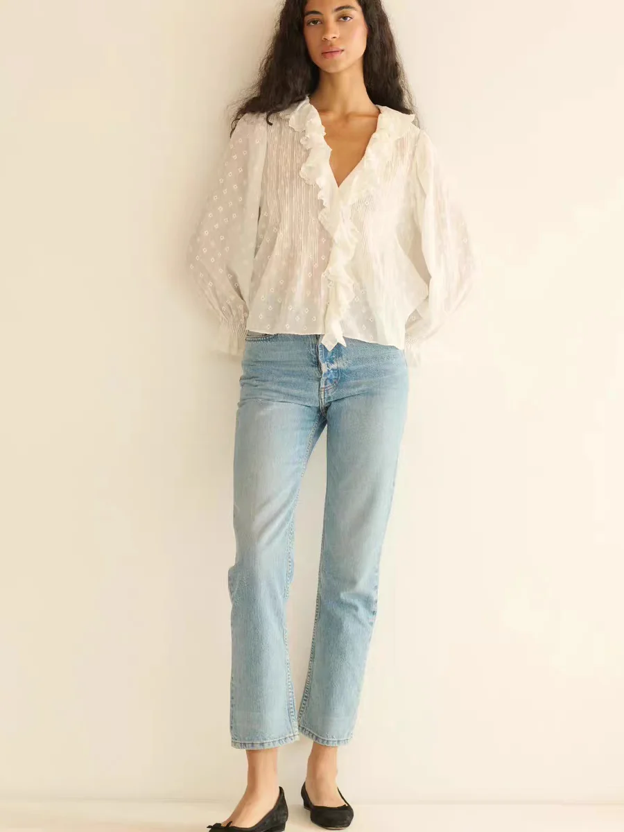 French Style Loose Fit Cotton Shirt Embroidered Floral Print Bubble Sleeve Stand Collar Lace Trim Top Women's Spring Summer - AliExpress Shirts & Blouses