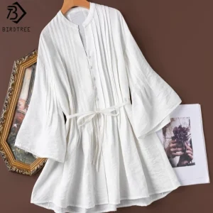 Birdtree, 76% Silk 24% Nylon Blouse, V-neck Flare Sleeve Dry Silk Tops, Women Loose Solid Retro Shirt, 2026 Spring New T63638JF - AliExpress Shirts & Blouses