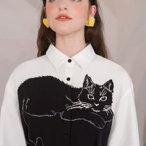 Spring Autumn Original Design Women Loose All-match Color Block Cool Black Cat Kitten Embroidered White Shirts/Blouses - AliExpress Shirts & Blouses