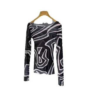 Summer Fashion Vintage Geometric Print Translucent Silk Blouses Women's Sexy One Word Collar Long Sleeve Slim Pullovers - AliExpress Shirts & Blouses