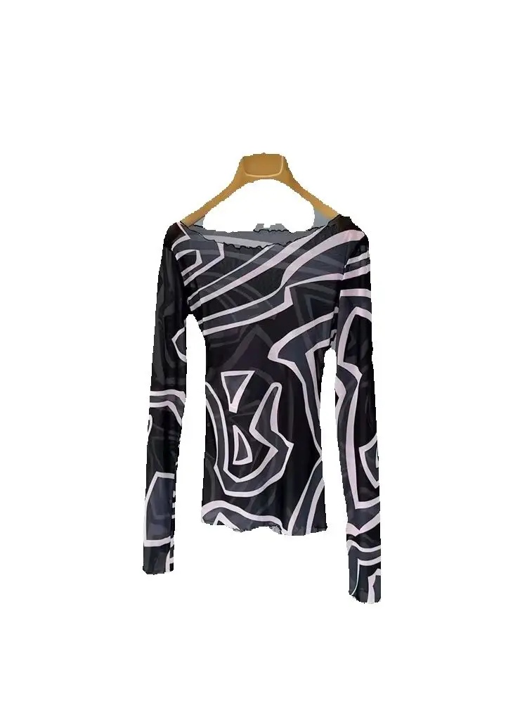 Summer Fashion Vintage Geometric Print Translucent Silk Blouses Women's Sexy One Word Collar Long Sleeve Slim Pullovers - AliExpress Shirts & Blouses