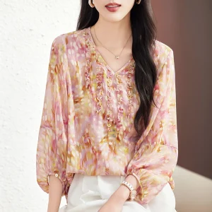 New Elegant Shirts for Women Fashion Blouses 2026 Summer V-neck Chic Print Blouse 100% Real Silk Women's Shirt Loose Tops - AliExpress Shirts & Blouses