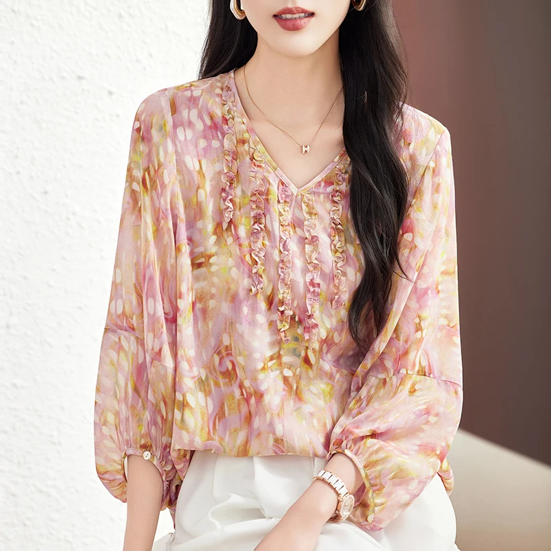 New Elegant Shirts for Women Fashion Blouses 2026 Summer V-neck Chic Print Blouse 100% Real Silk Women's Shirt Loose Tops - AliExpress Shirts & Blouses