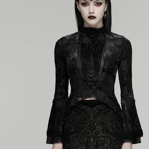 Gothic Velvet Lace Long Sleeve Women's T-shirt Sexy Dark Floral Decoration Slim Fit Base Shirt Stand Collar Bell Sleeve Polye... - AliExpress Shirts & Blouses