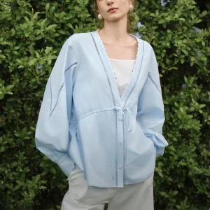 ELLEv Women's Pearl Embellished Shirt V-Neck Tie Waist Commute Style Loose Fit Long Sleeve Polyester Cotton Blend - AliExpress Shirts & Blouses