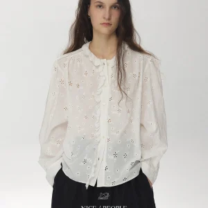 Nice People 2026SS Women's Cotton Embroidered Hollow out Washed White Shirt French Style Loose Fit Long Sleeve Button down - AliExpress Shirts & Blouses