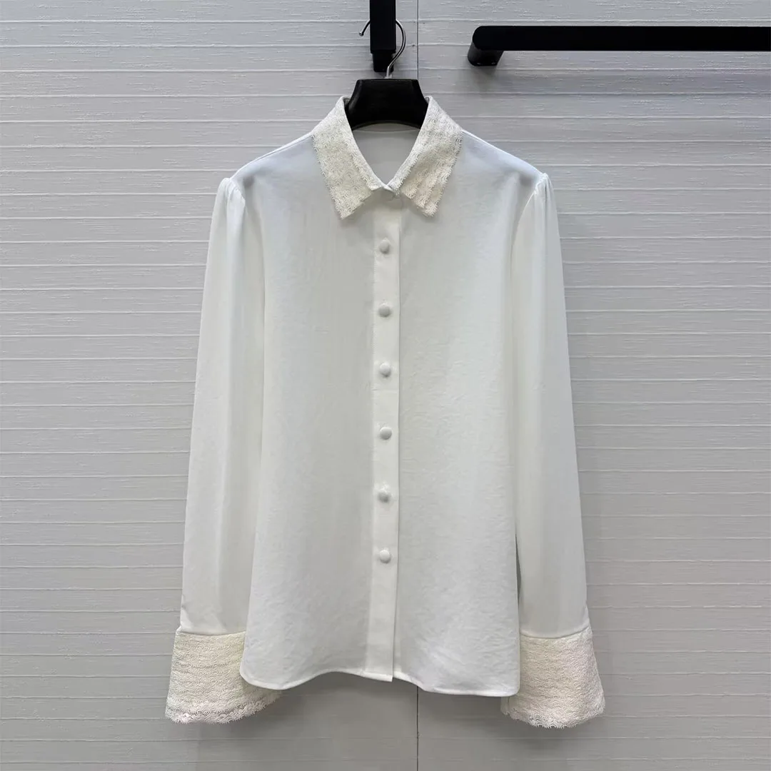 2026 New Spring Fashion Elegant Lace Patchwork Flare Long Sleeved Silk Shirt Women Lapel Single Breasted Sweet Casual Blouse - AliExpress Shirts & Blouses