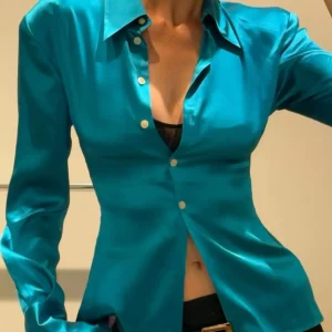 Shoulder Pad Women Satin Blouse Spring/Summer Long Sleeve Turn-down Collar Long Sleeve 2-Colors Fashion Slim Silk Shirt - AliExpress Shirts & Blouses