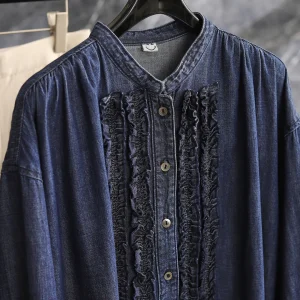 Fashionable round Neck Long Sleeve Denim Shirt Washed Cotton Loose Fit Ear Decorated Button up Women's Original Design Top - AliExpress Shirts & Blouses