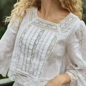 Women Lace Striped Design Square Neck Long Sleeved Casual 100% Ramie Shirt - AliExpress Shirts & Blouses