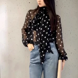 French High-end Polka Dot V-neck Silk Shirt for Women Summer New Loose Design Ribbon Sun Protection Shirt Top - AliExpress Shirts & Blouses