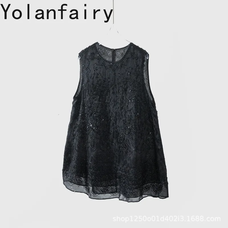 YOLANFAIRY 100% Mulberry Silk Tanks Top Women Organza Silk Sleeveless Vest Fashion Beaded Embroidered Elegant Women's Tank Tops - AliExpress Shirts & Blouses
