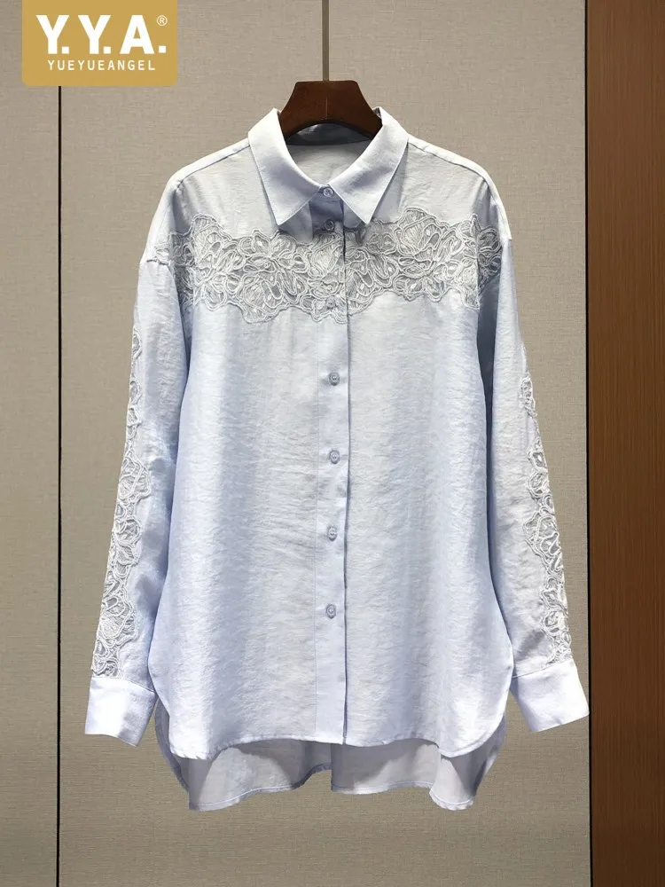 Summer Women High Quality Loose Long Sleeves Shirts Hollow Out Patchwork Irregular Mid-Length Tops Lapel Single Breasted Shirt - AliExpress Shirts & Blouses