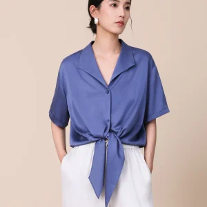 22 mm 100% Mulberry Silk Shirt Women Lapel Short Sleeve Drawstring Loose Luxury Elegant Blouse High End Temperament Silk Top - AliExpress Shirts & Blouses