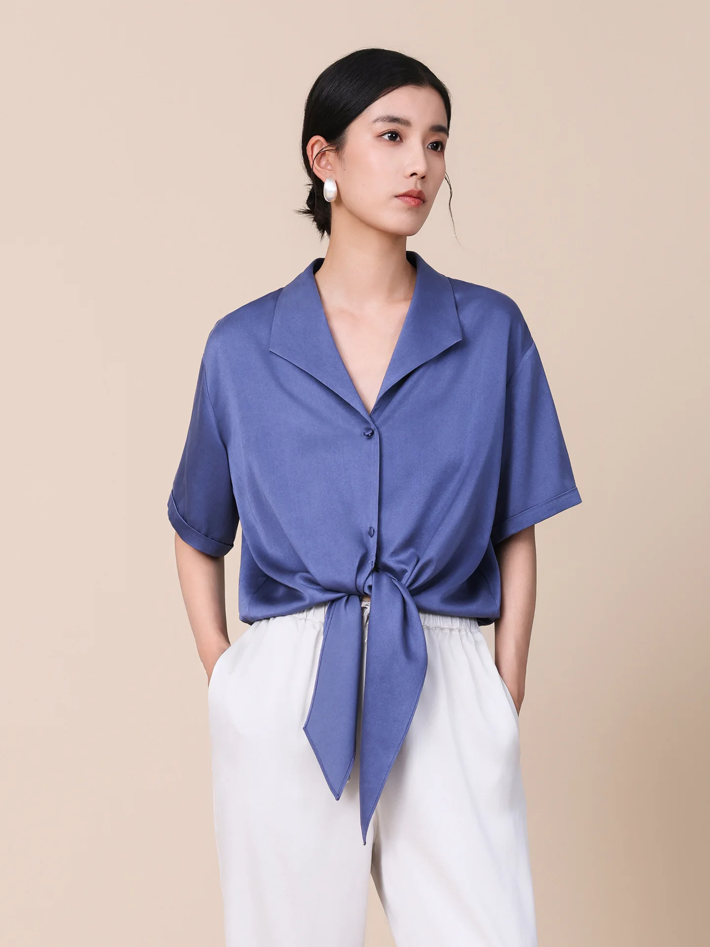 22 mm 100% Mulberry Silk Shirt Women Lapel Short Sleeve Drawstring Loose Luxury Elegant Blouse High End Temperament Silk Top - AliExpress Shirts & Blouses