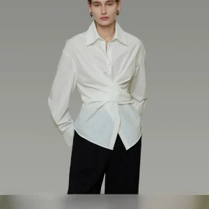 Unspoken Asymmetric Knot Long Sleeve Loose Women's Shirt Simple Design Cotton Blend Comfortable Breathable Commute Style - AliExpress Shirts & Blouses