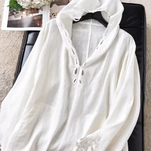 Linen Long Sleeve Embroidered Hollow out Hooded Shirt Loose Fit Comfortable Breathable Women's Casual Shirt Mid-Length - AliExpress Shirts & Blouses