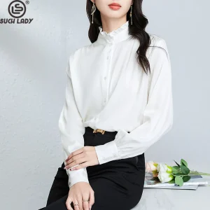 92.3 Real Silk 7.7% Spandex Women's Shirt Stand Collar Ruffled Long Sleeves Elegant Fashion Blouse Tops - AliExpress Shirts & Blouses