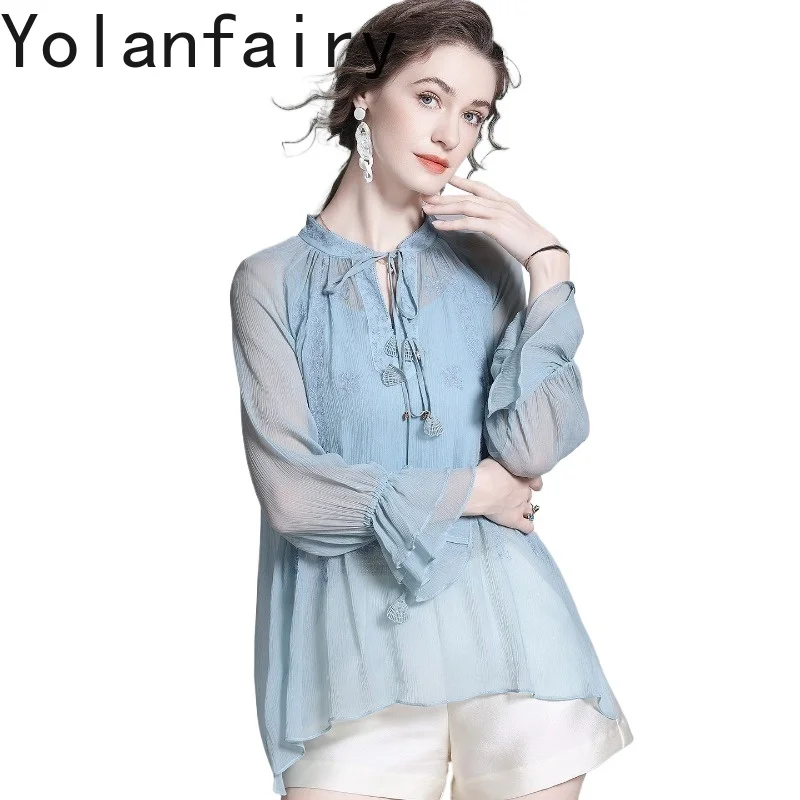 YOLANFAIRY 100% Real Mulberry Silk Shirts for Woman High Quality Elegant Embroidery Blouse 2 Piece with Strap Top Women Shirt - AliExpress Shirts & Blouses
