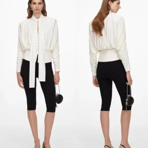 Women Tie Neck Pleated Blouse Batwing Long Sleeve Gathered Waist Cropped Shirt Elegant Loose Fit Stand Collar Blouse for Daily O - AliExpress Shirts & Blouses