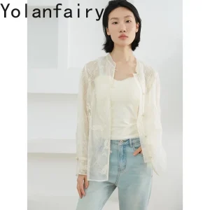 YOLANFAIRY Elegant Women Stand Collar Silk Cardigan 100% Mulberry Silk Top Coat Embroidery Lace Spliced Organza Outer Blouse - AliExpress Shirts & Blouses