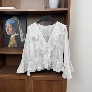 Women 100% Cotton White Shirt Lace Ruffles Spliced V-Neck Flare Sleeve Single Breasted Casual Fashion Blouse Top - AliExpress Shirts & Blouses