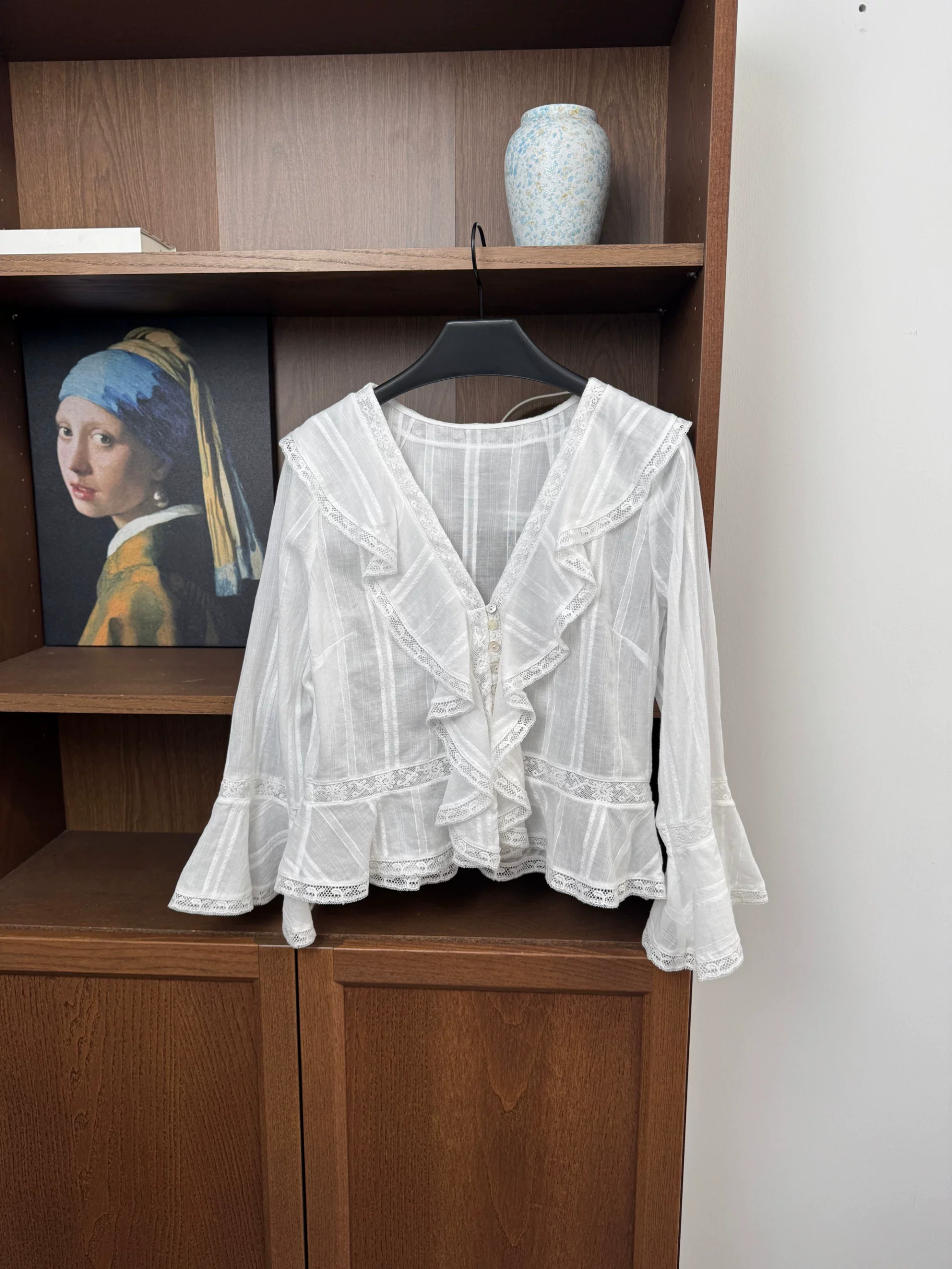 Women 100% Cotton White Shirt Lace Ruffles Spliced V-Neck Flare Sleeve Single Breasted Casual Fashion Blouse Top - AliExpress Shirts & Blouses